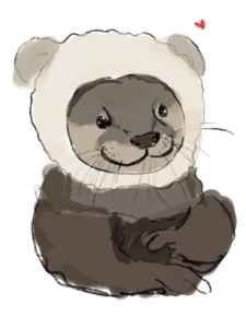 Digital painting of a baby otter wearing a bear hat, with a small heart on the side